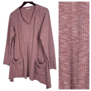 LOGO Lori Goldstein 1X 16 18 Top Tunic Shirt Ribbed Pink Pockets V-Neck Stretch